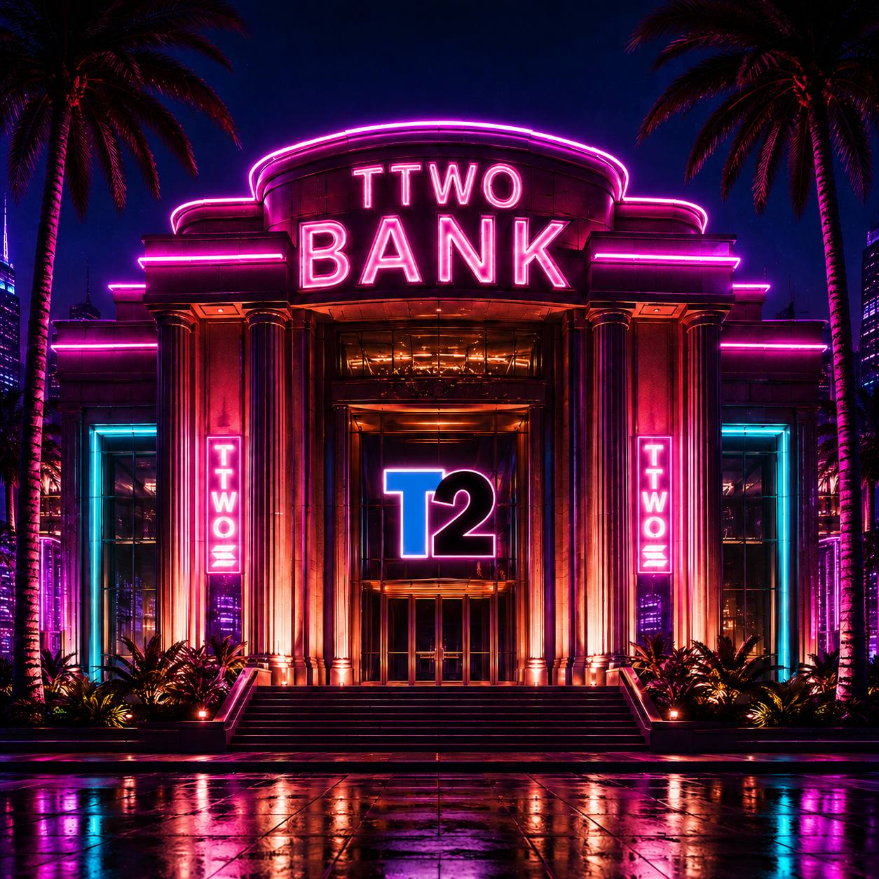TTWO BANK neon building at night, framed by palm trees